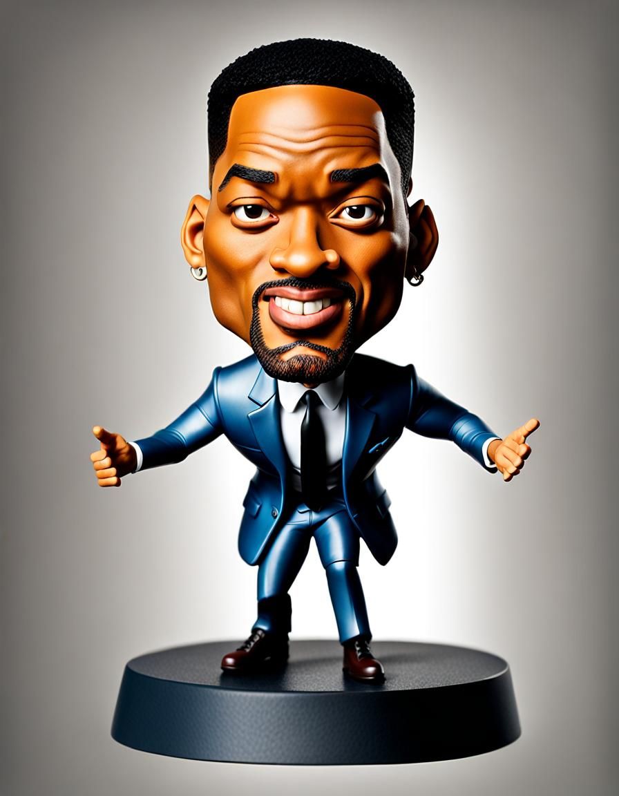 a bobblehead figure: over exaggerated large head caricature of Will Smith, exaggerated facial features & expression, sma...