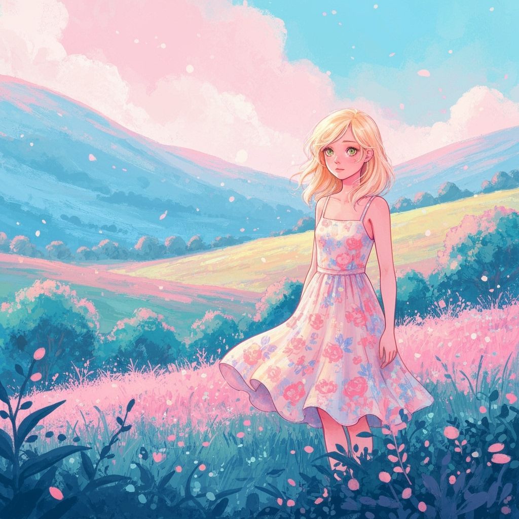 Blond Girl in Floral Dress, Whimsical Dreamscape