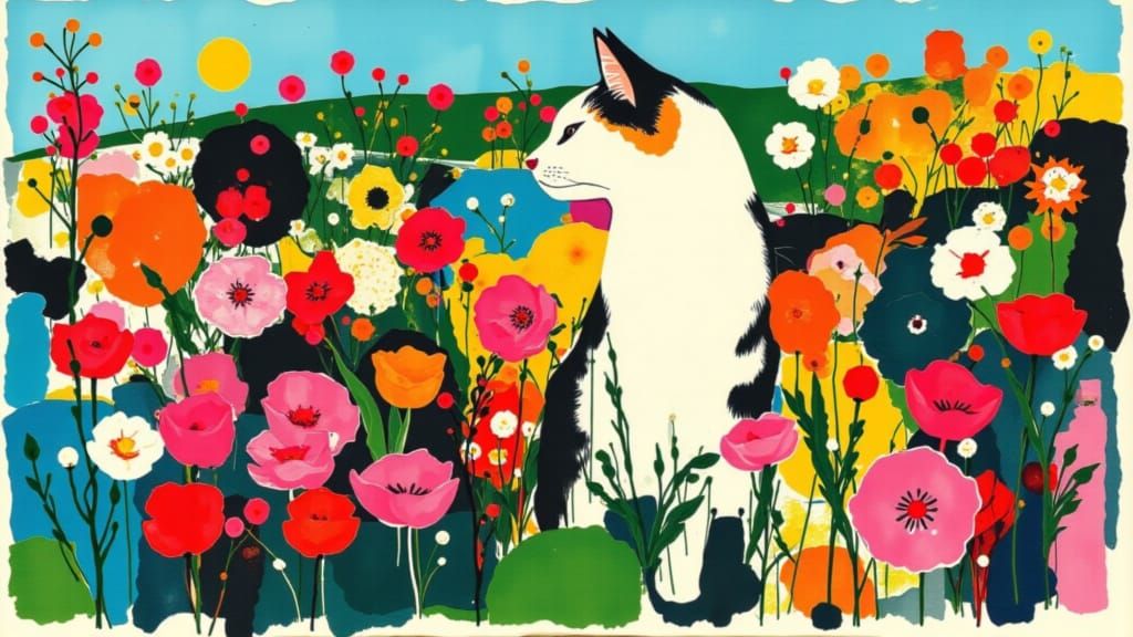 Cat Among Vibrant Flowers in a Lush Garden