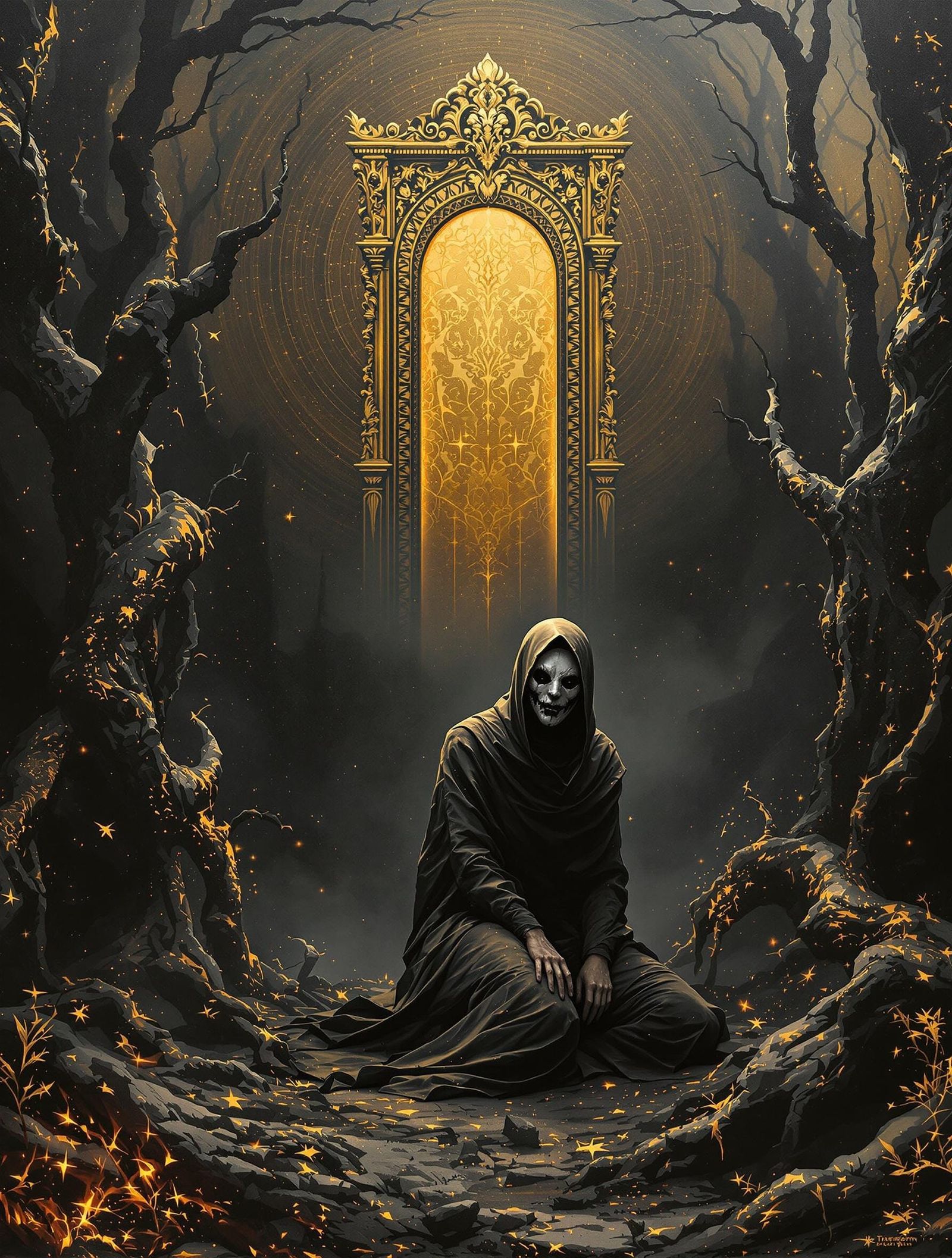 Ashen Dystopian Forest in Gilded Surrealism