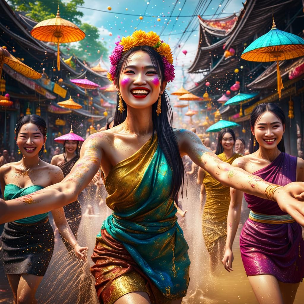 Beautiful Thai girls celebrating Songkran in Thailand