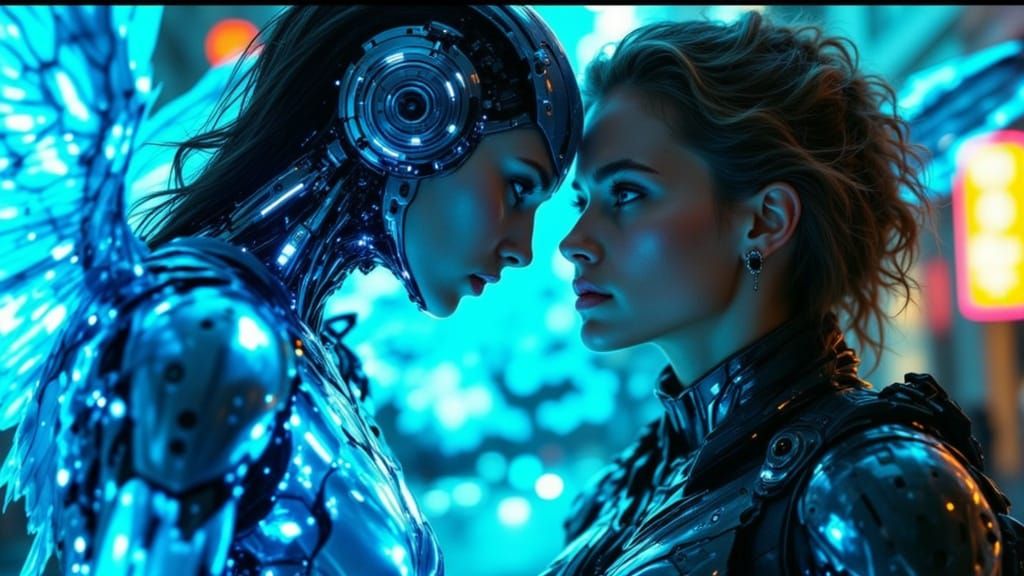 Cyberpunk Angel Emerges from Digital Code in Gradient of Blu...