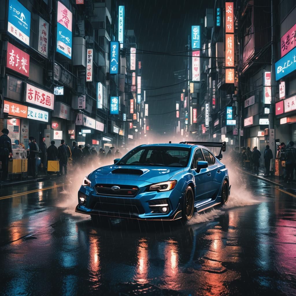 Electric Blue Subaru STI Races Through Cyberpunk Tokyo