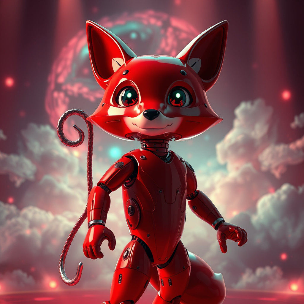 Red Animatronic Fox on Stage with Ethereal Lights