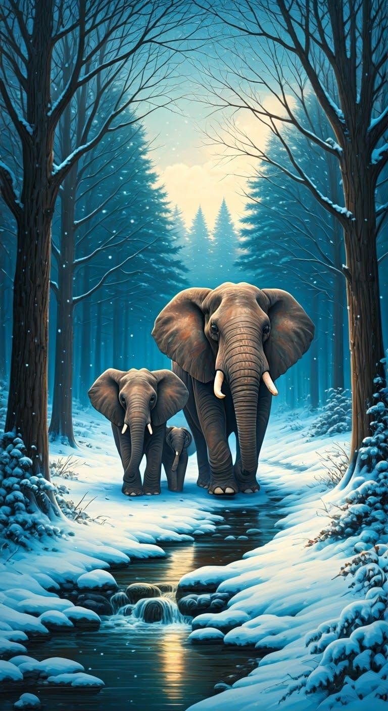 Elephants Walking in Snowy Forest Path by Stream