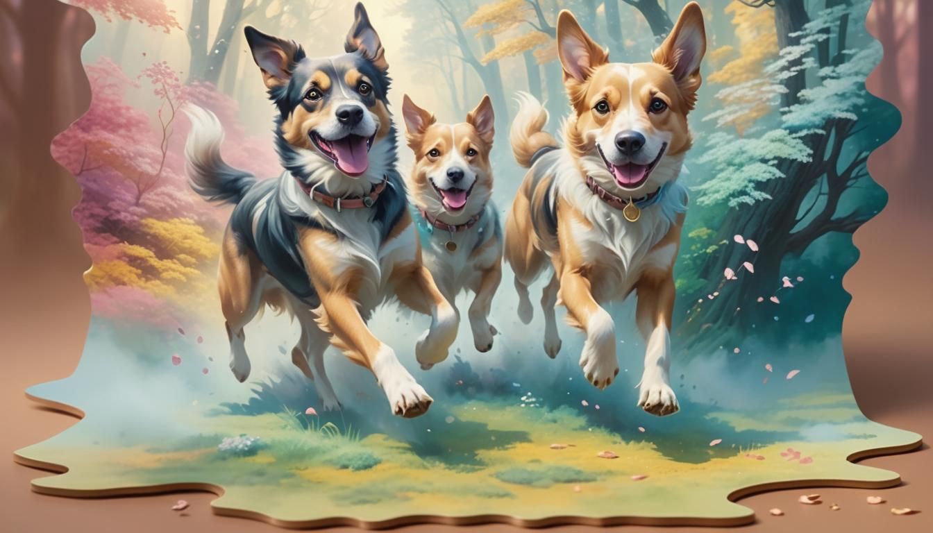 Happy Dogs in Misty Forest: Ethereal Fantasy Art