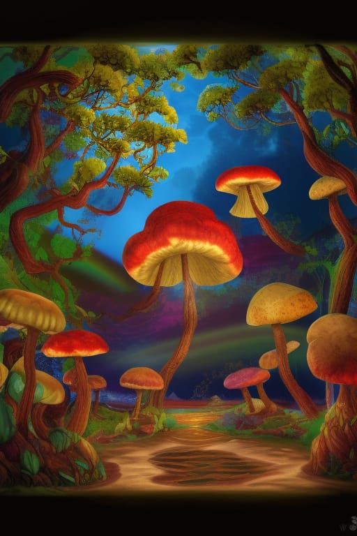 Fantasy Forest with Golden and Rainbow Mushrooms