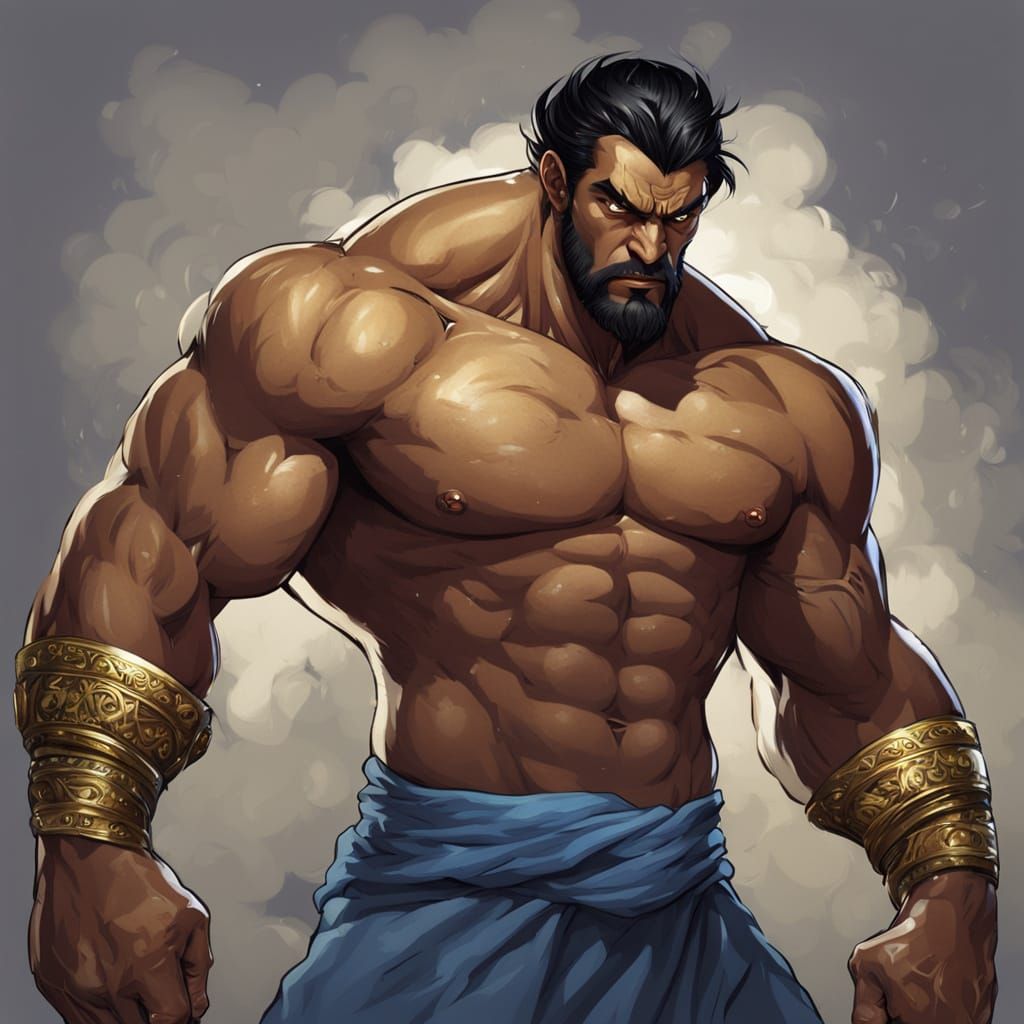 Muscular Persian Djinn with Blue Eyes, Photorealistic