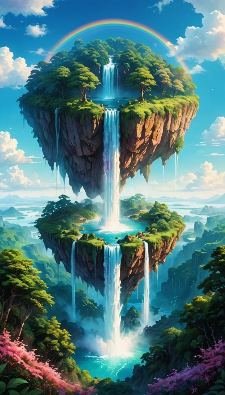 Dreamlike Sky Islands with Magical Waterfall