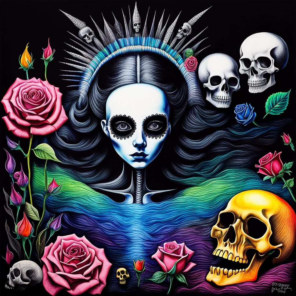 Surreal Crayon Drawing of Goth Woman