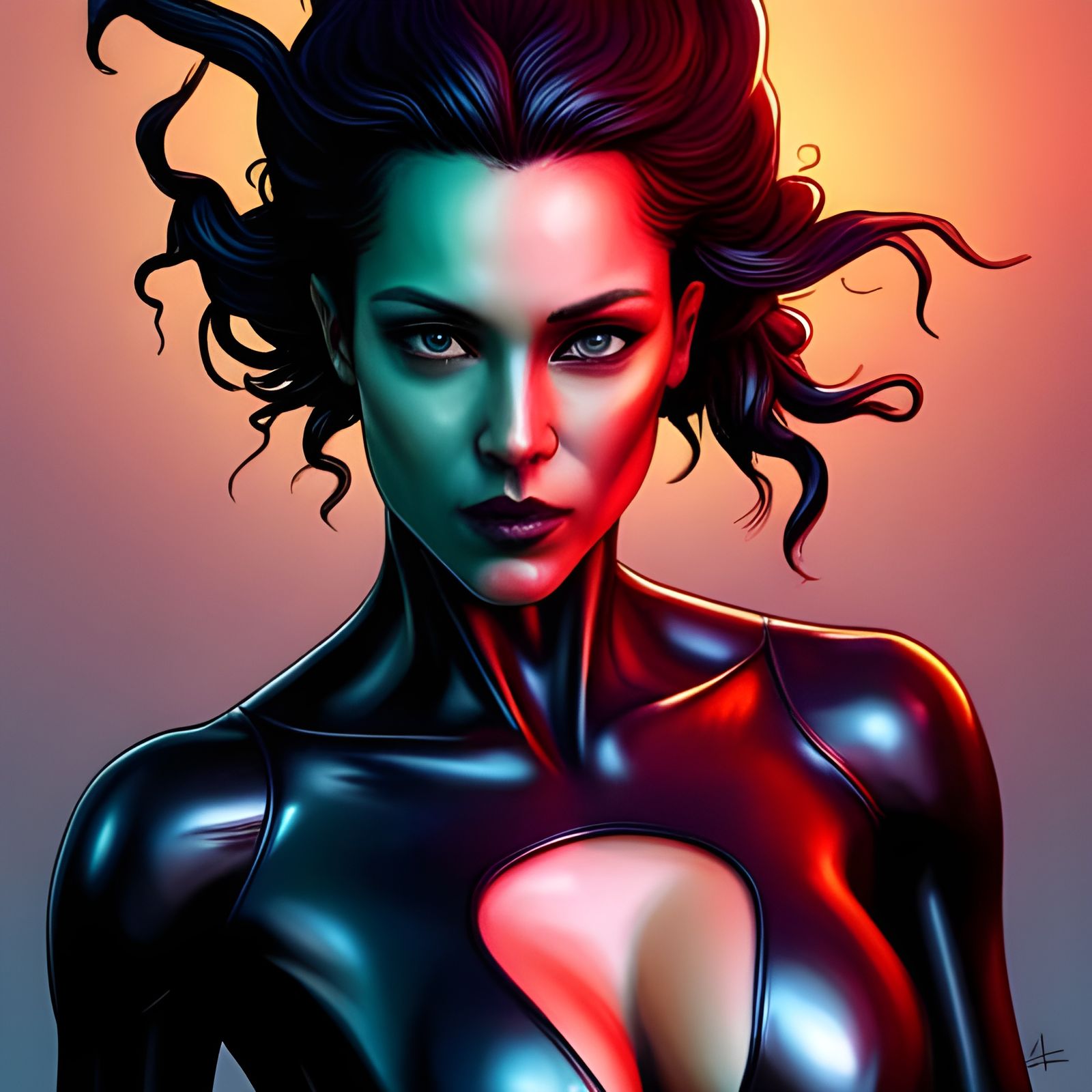 Alien Woman in Latex Catsuit, Hyperdetailed Portrait
