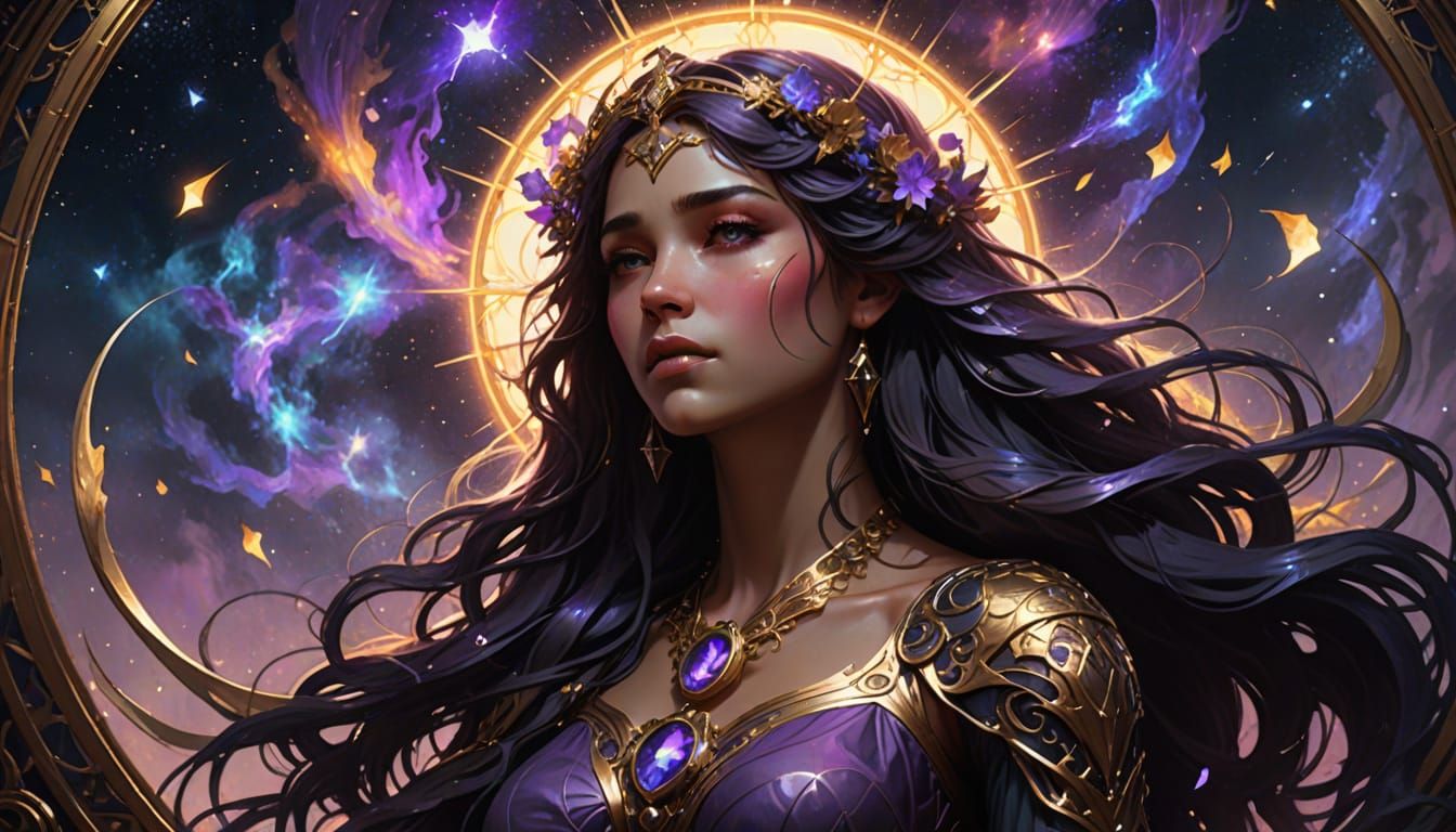 Celestial Goddess Weeping Light in Nebula: Dark Fantasy Art