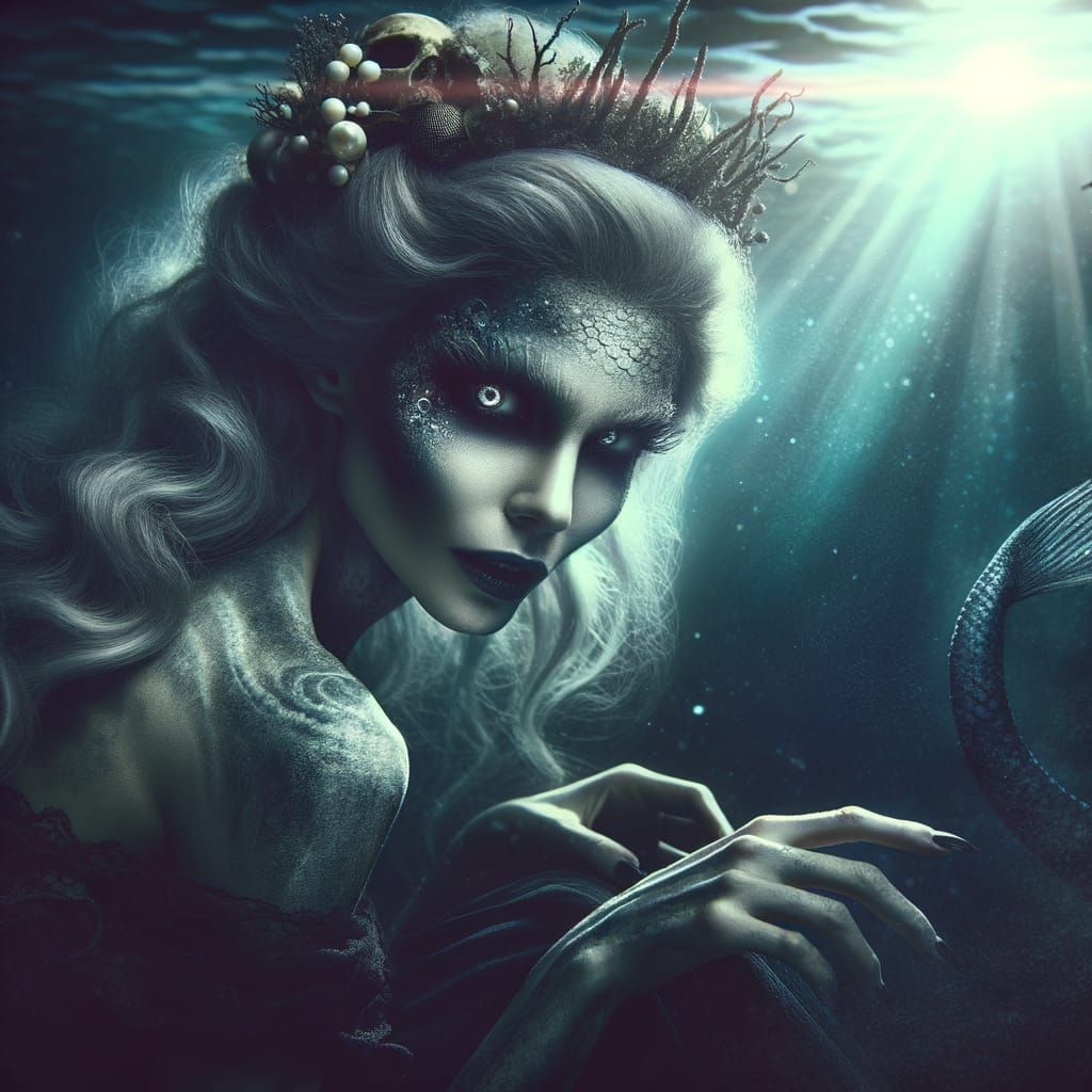 Intricate Mermaid with Sinister Charm in Dark Ocean