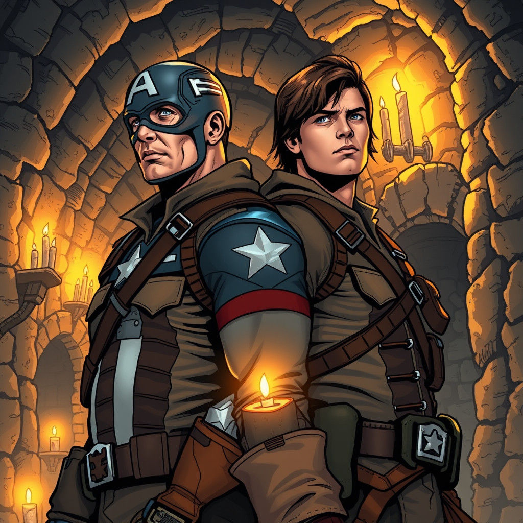 Captain America and Bucky in Candlelit Catacombs