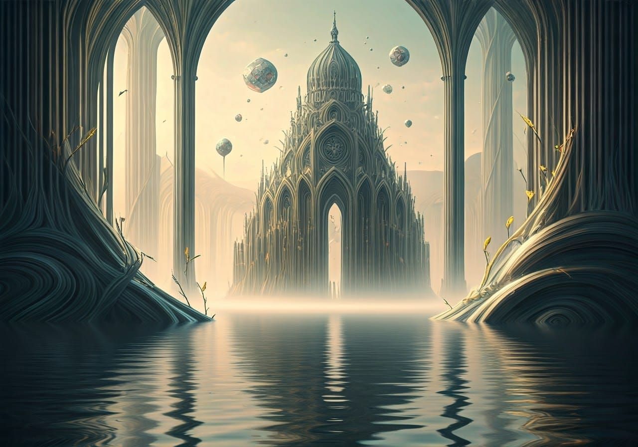 Ethereal Cathedral Above Lake in Surrealist Style
