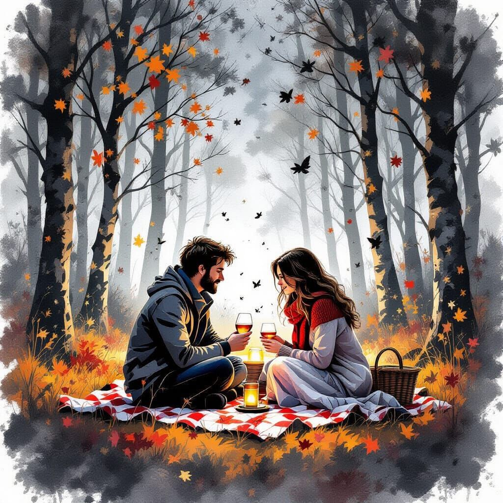 Romantic Picnic in Autumn Forest, Abstract Illustration