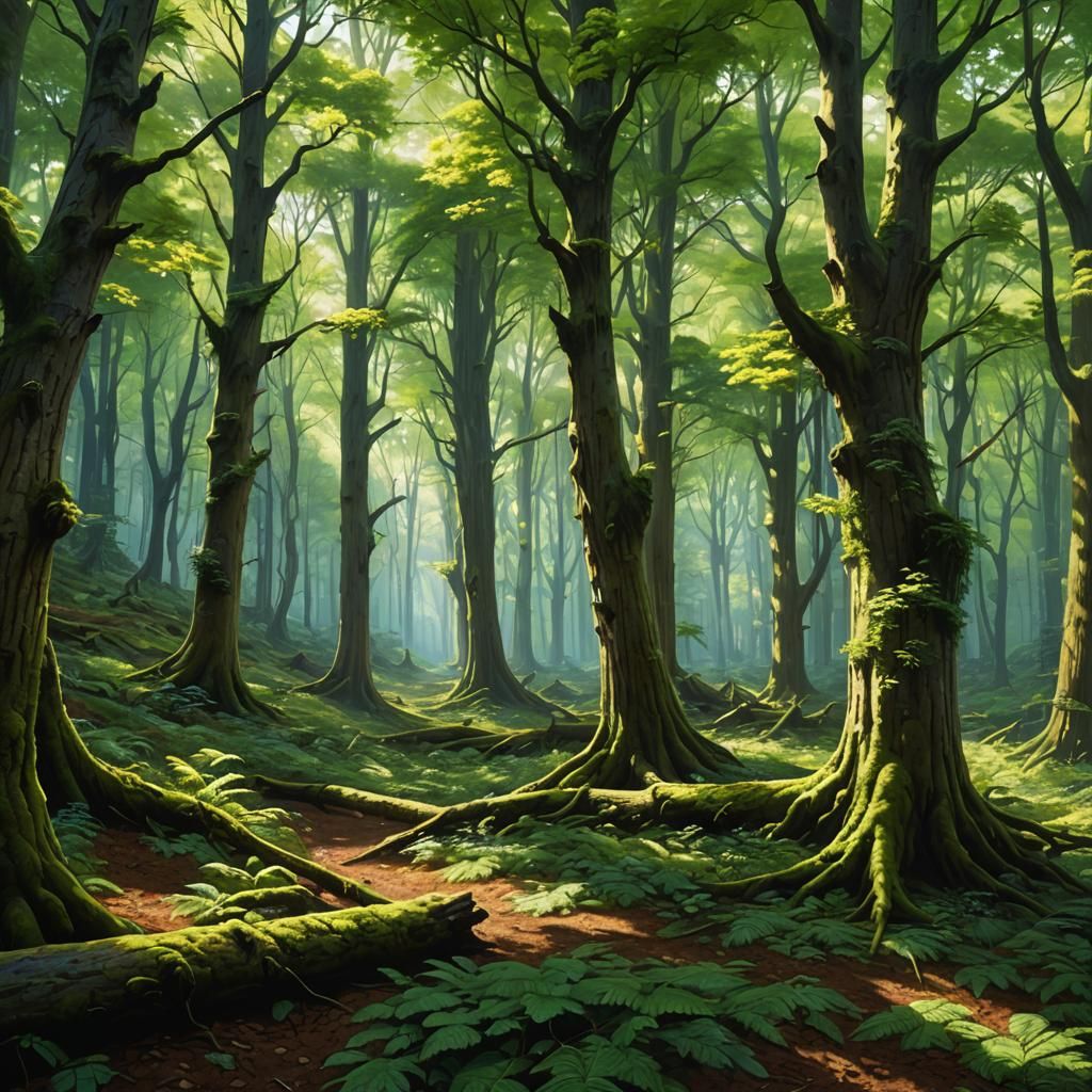 Lush Beech Forest Oil Painting