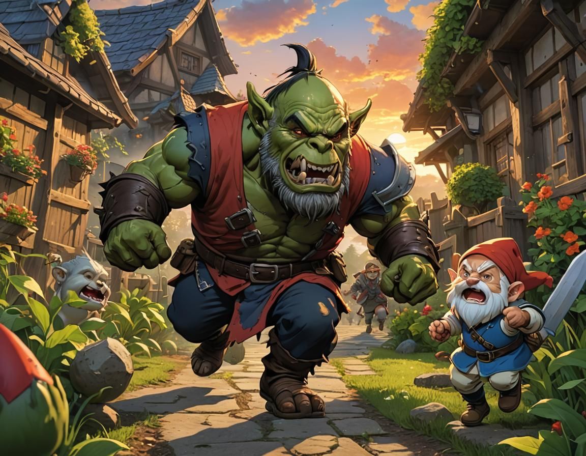 Orc charging a garden gnome, anime