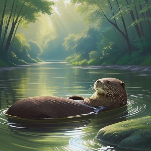 Whimsical River Otters Sleeping in Golden Hour Light