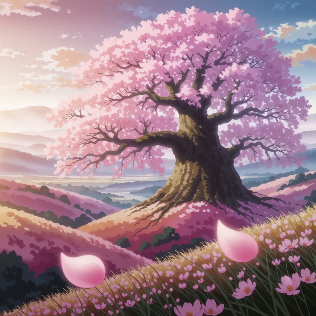 Monolithic Cherry Blossom Tree in Anime Style