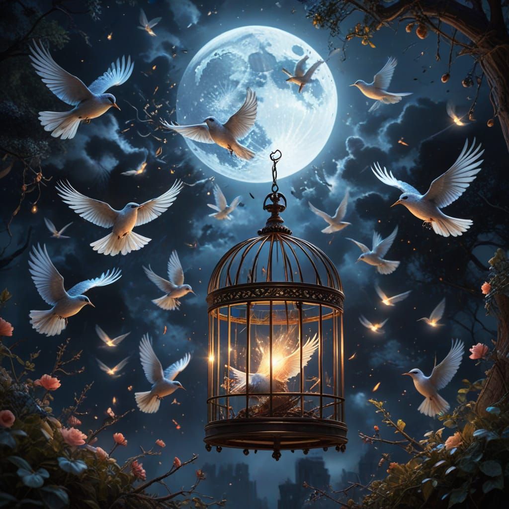 Glowing Birds Escape Open Cage in Moonlit Sky Oil Painting