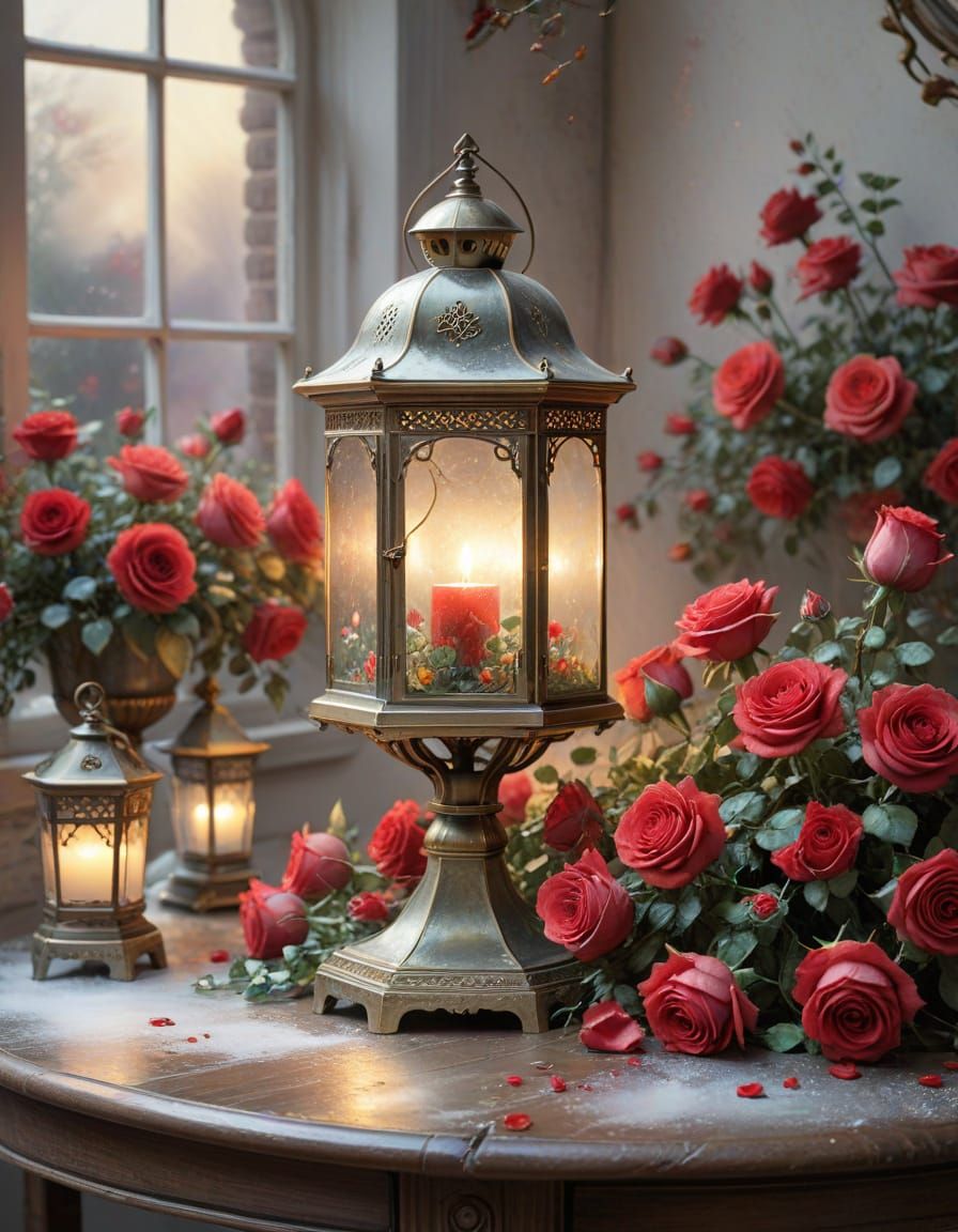Ethereal Watercolour Lantern Amidst Red Roses
