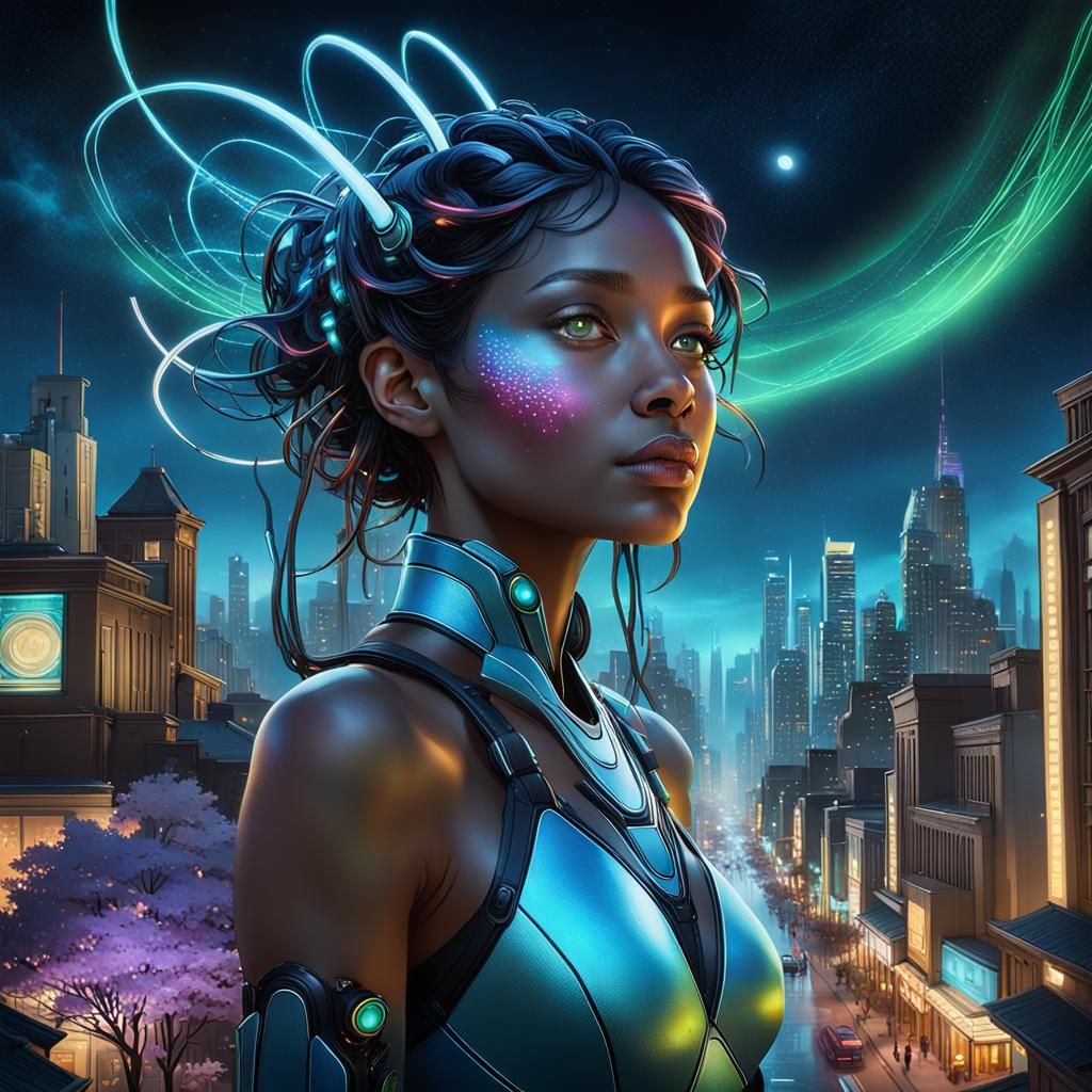 Bioluminescent Cityscape at Night, Hyperdetailed Digital Art