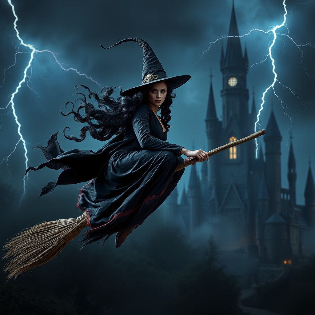 Witch Flying to Vampire Castle in Photorealistic Style