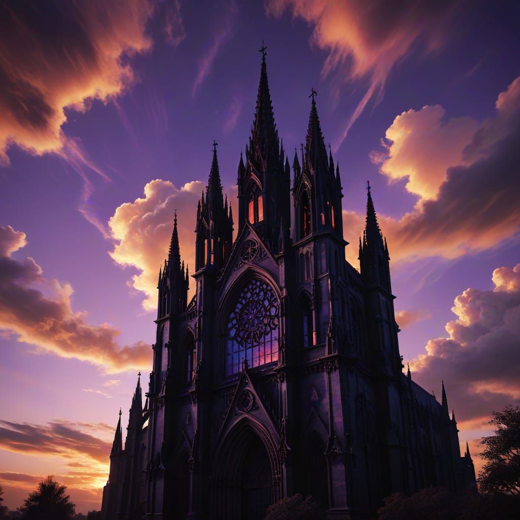 Gothic Cathedral Silhouette at Sunset in Airbrushed Style