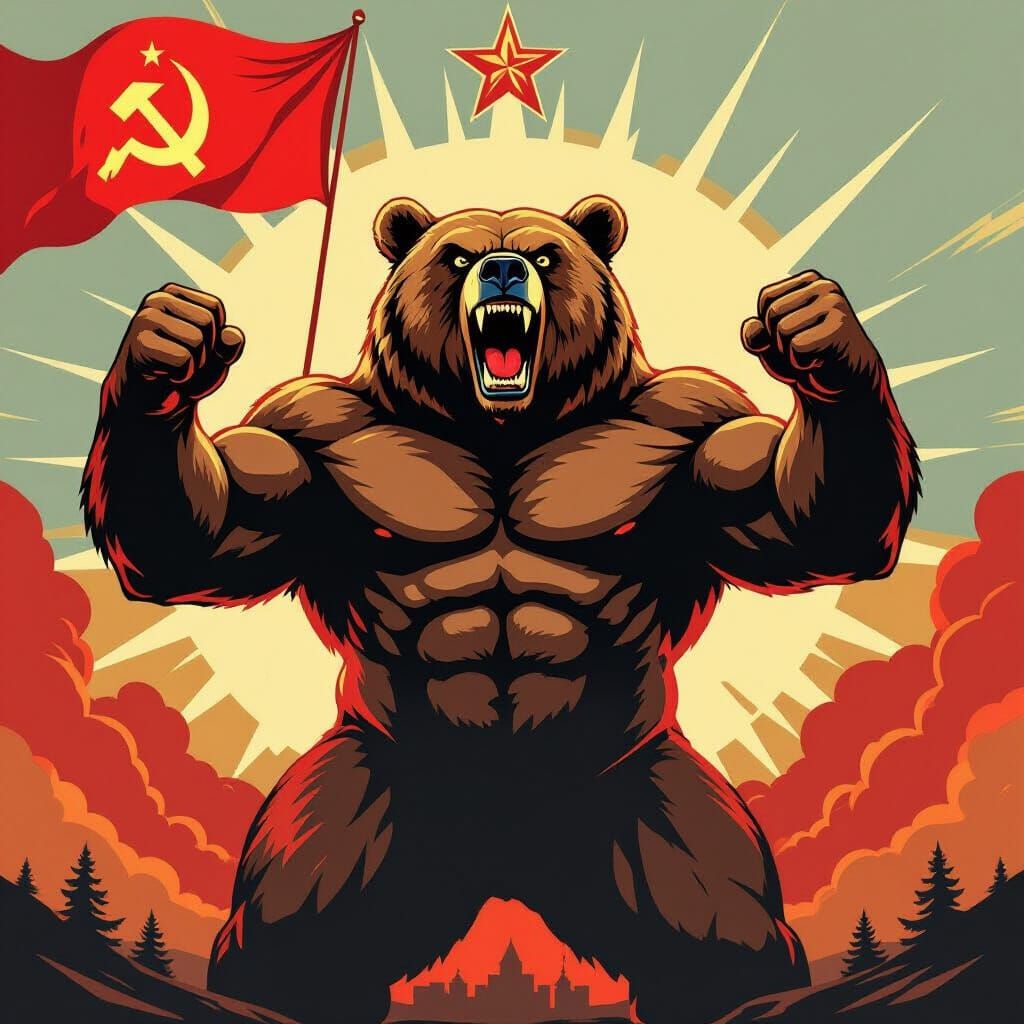 Soviet Red Giant Bear Roaring in Propaganda Poster Style