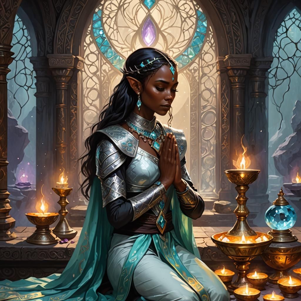 Elven Priestess Praying Before an Ancient Altar