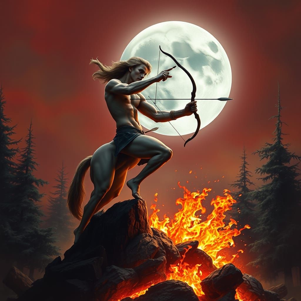 Mythological Centaur Shooting Arrows at Bleeding Moon