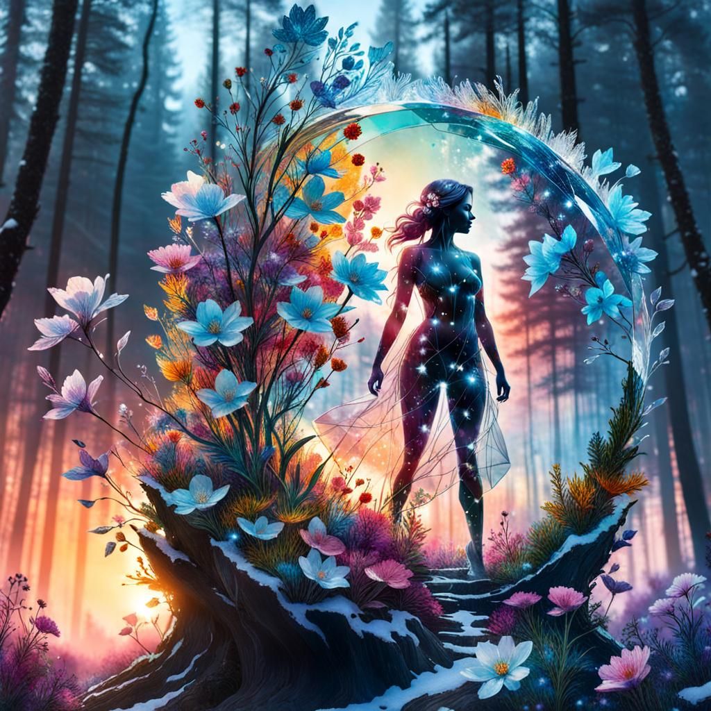 Crystal Woman Silhouette in Snowy Landscape