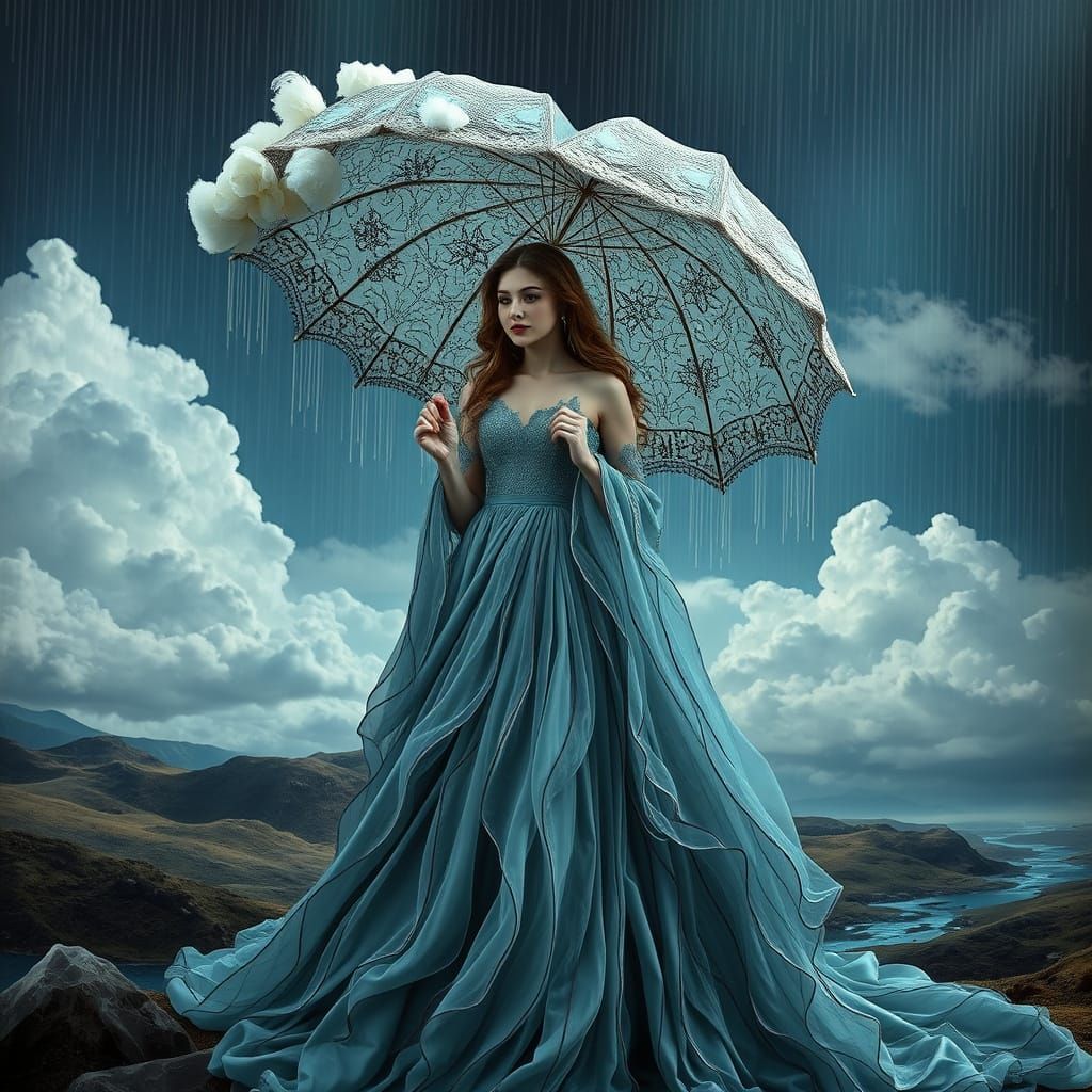 Rain Goddess with Cloud Umbrella in Surreal Style
