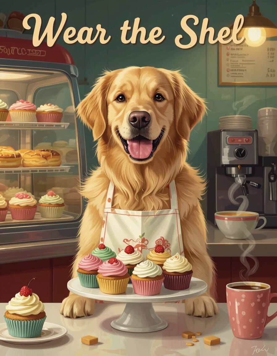 Golden Retriever Serves Cupcakes in Retro Diner Art