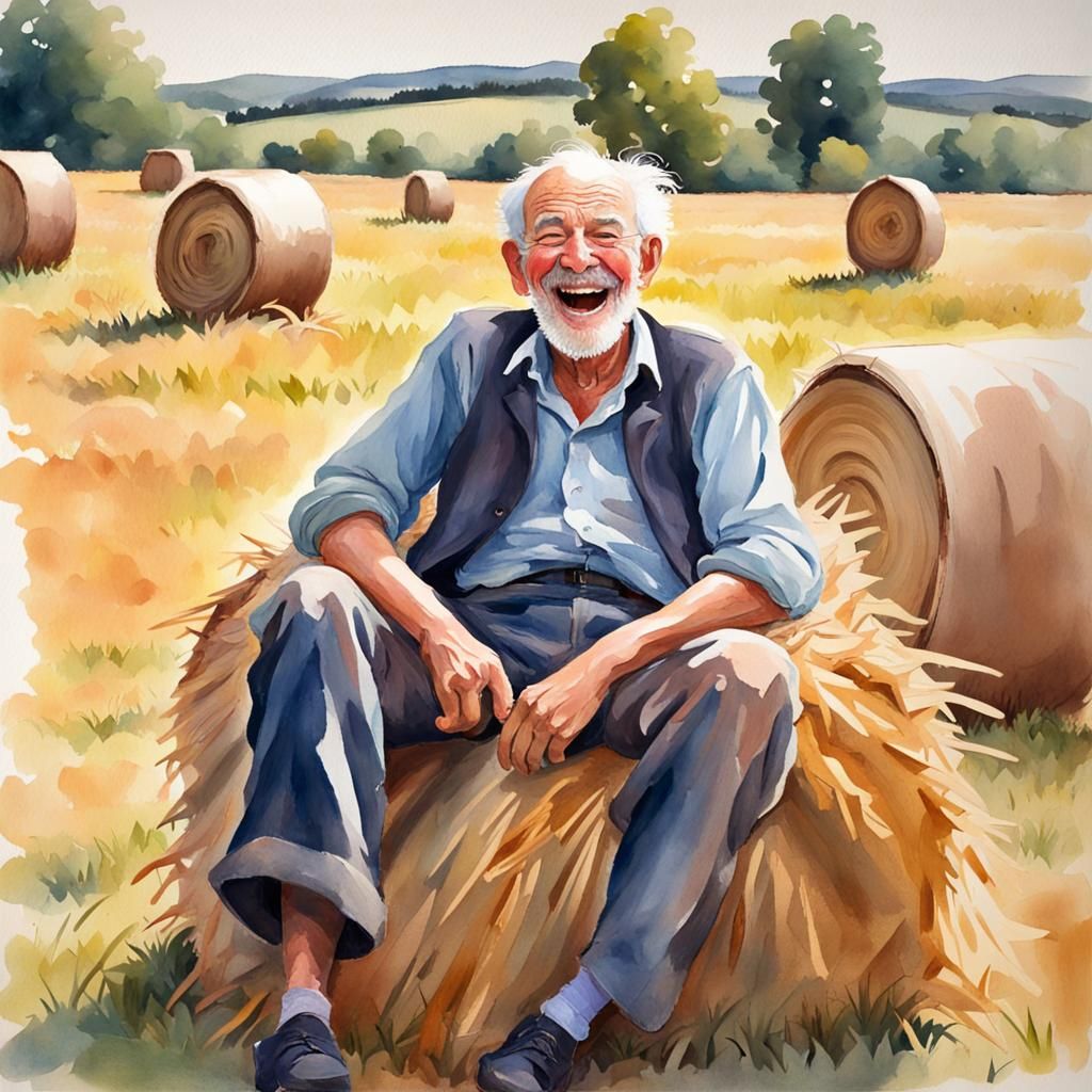 Laughing Old Man on Hay Bale in Watercolor