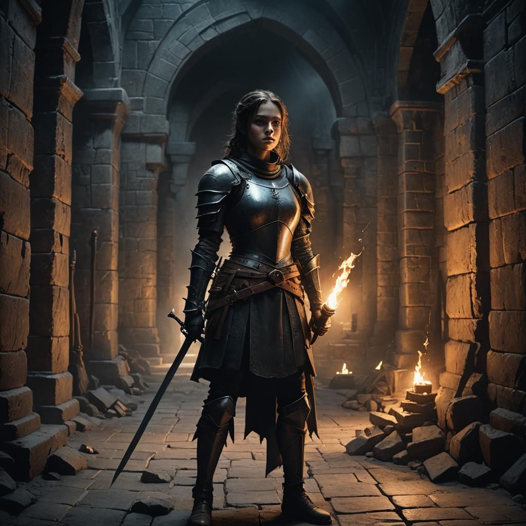 Medieval Girl Warrior in Dark Dungeon Illustration