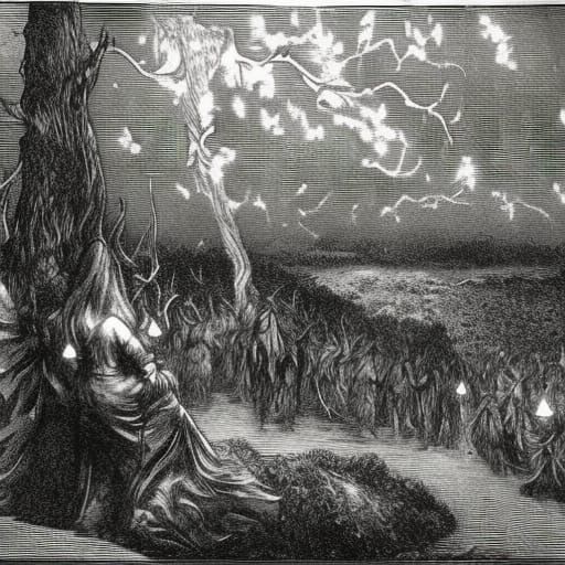 Ominous Forest Hags Meeting in Dark Fantasy Style