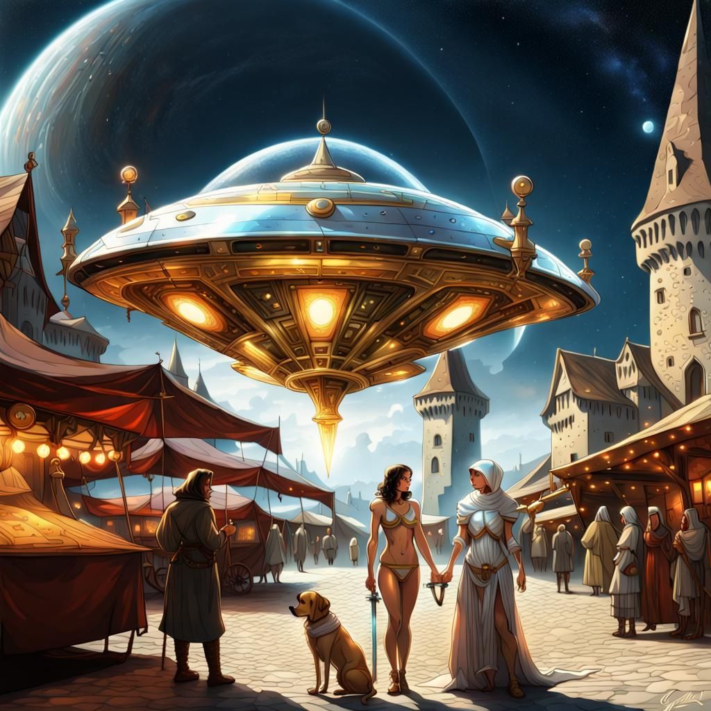 Futuristic UFO Landing in Medieval Market, Detailed Concept ...