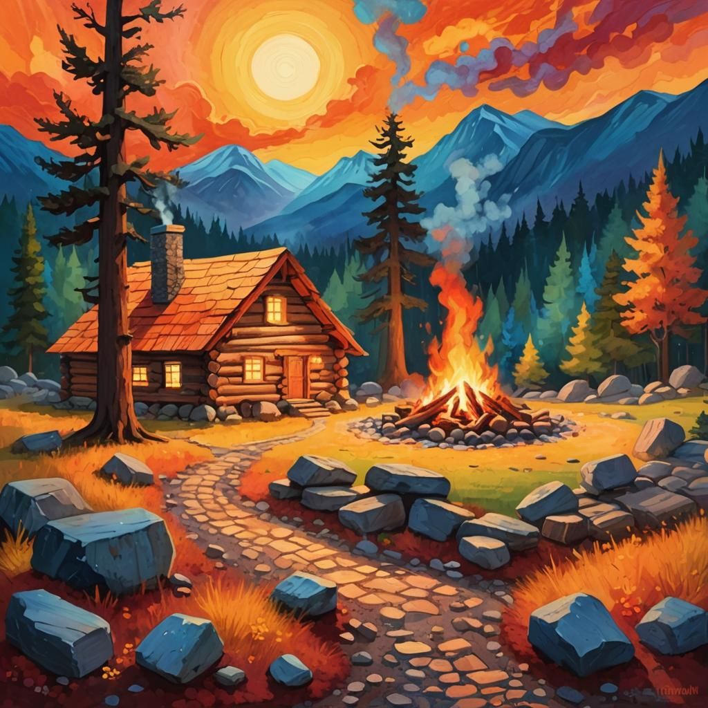 Cozy Cabin in Woods: Whimsical Digital Art