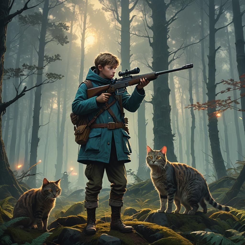Boy Aiming at Giant Cat in Mystical Forest