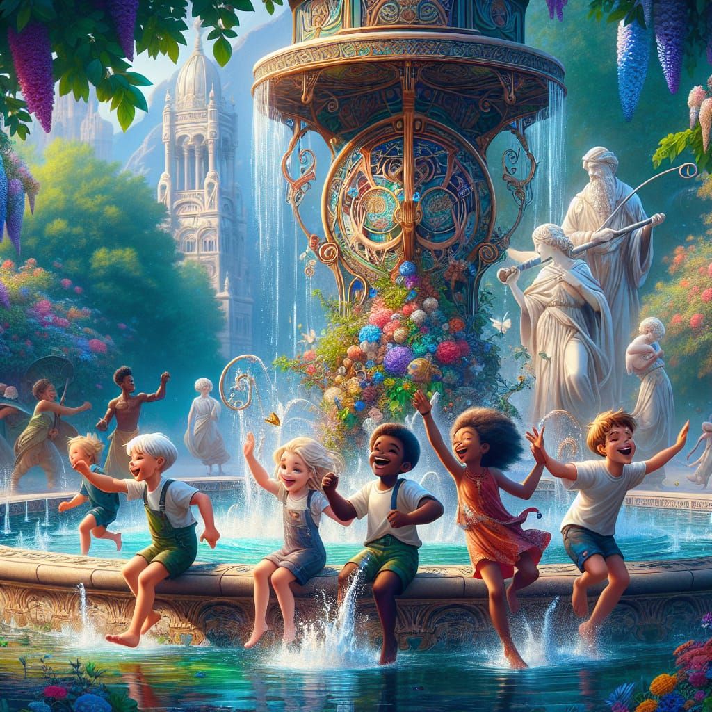 Children Playing by Art Nouveau Fountains, Matte Painting