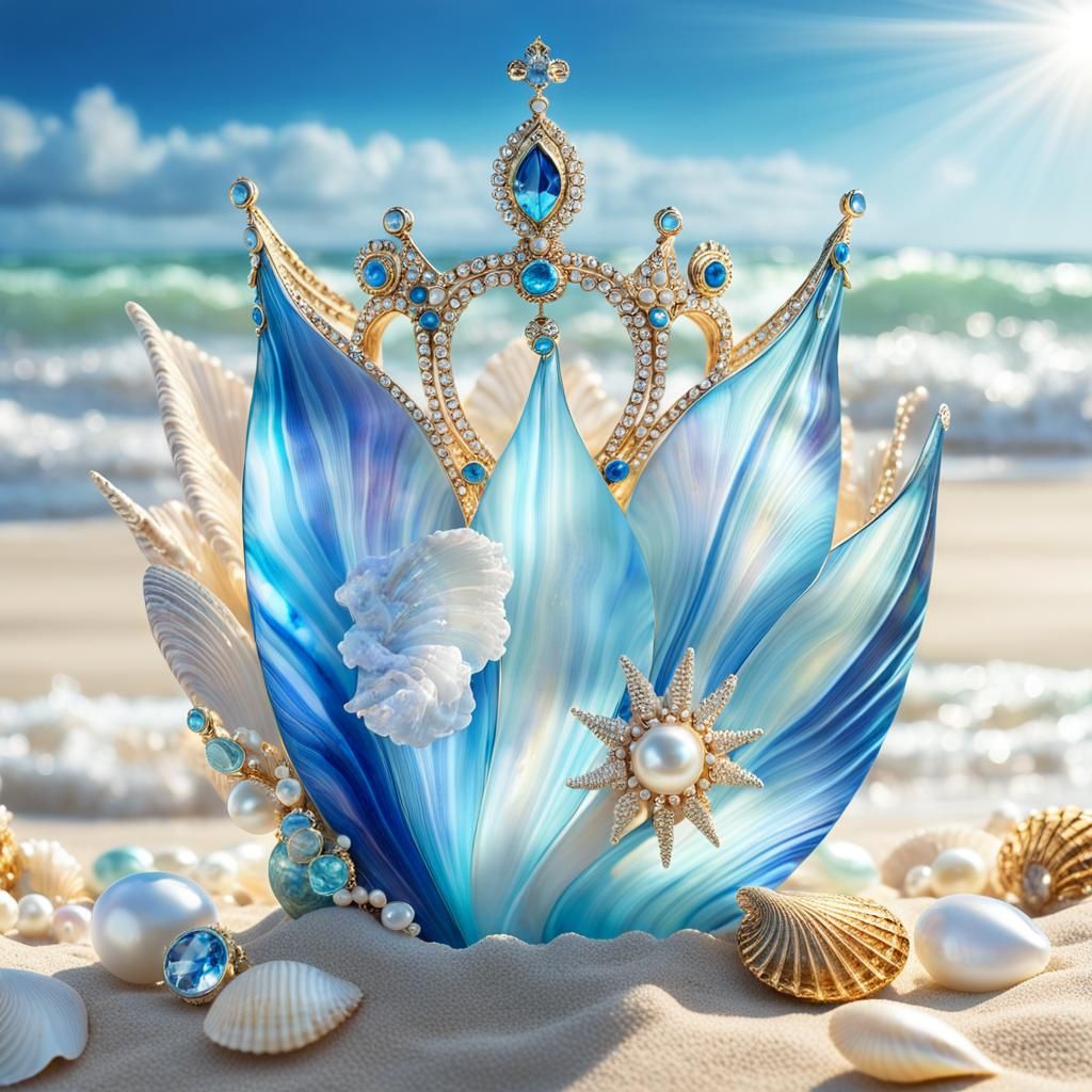 Crystal Shell Crown on the Beach: Hyperrealistic Art
