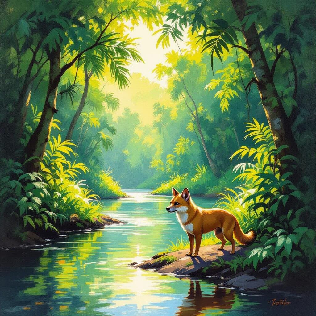 Bush Dog in Tropical Forest, Oil Painting Style
