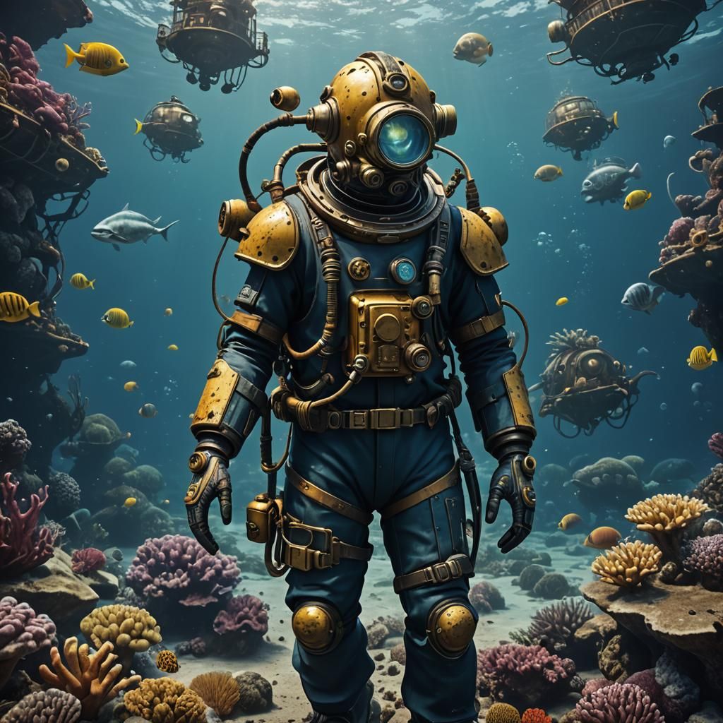 Vintage Diving Suit in Deep Ocean Concept Art