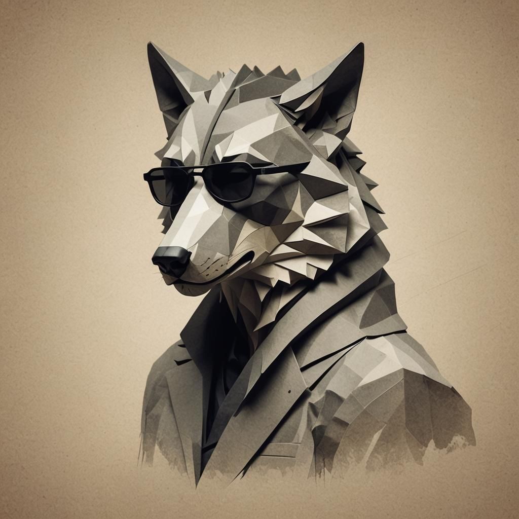Wolf-Headed Man with Dark Glasses in Origami Style