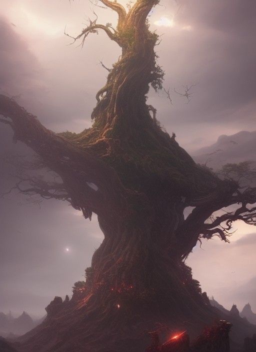 Yggdrasil Connecting Asgard and Midgard, Dark Fantasy Art