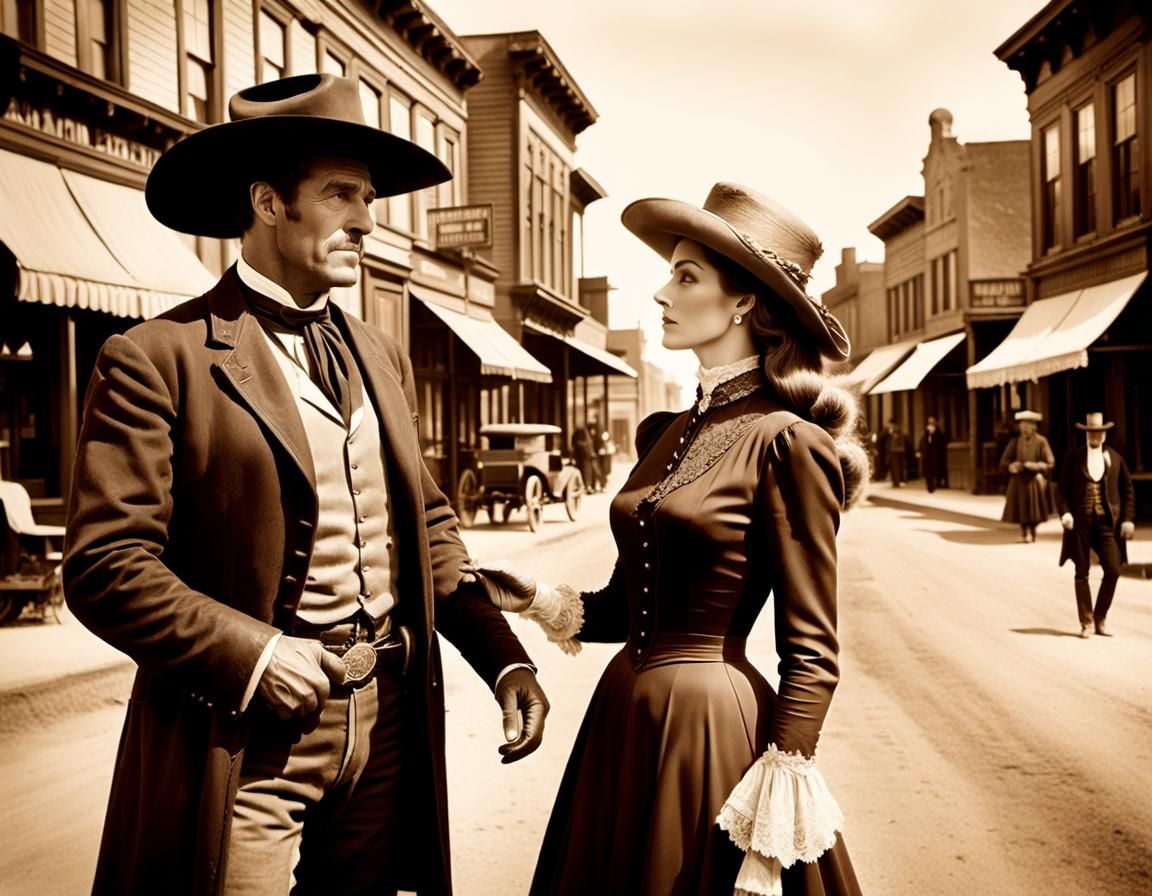 Cowboy and Lady in Old Western Town Photo