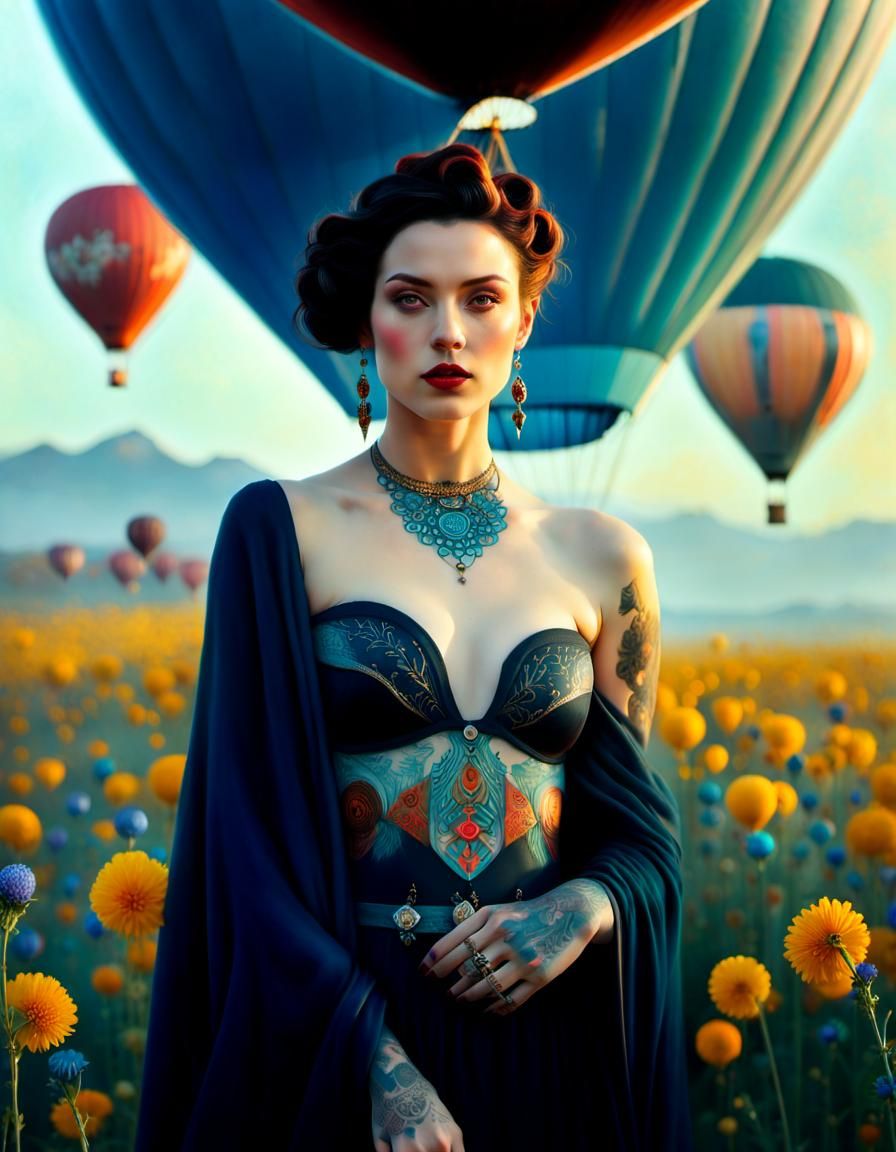 Detailed Portrait of Tattooed Woman in Surreal Field