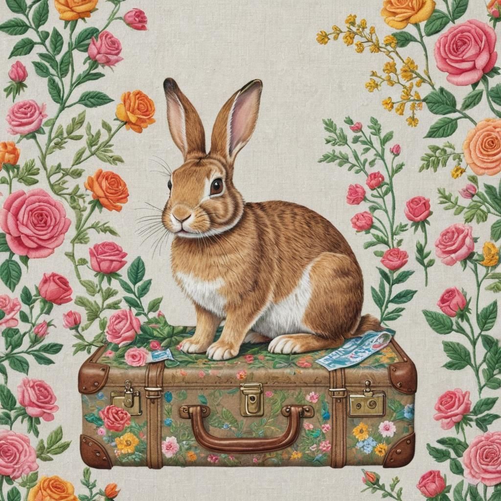 Rabbit in Flower Garden: Paper Collage Chalk Art